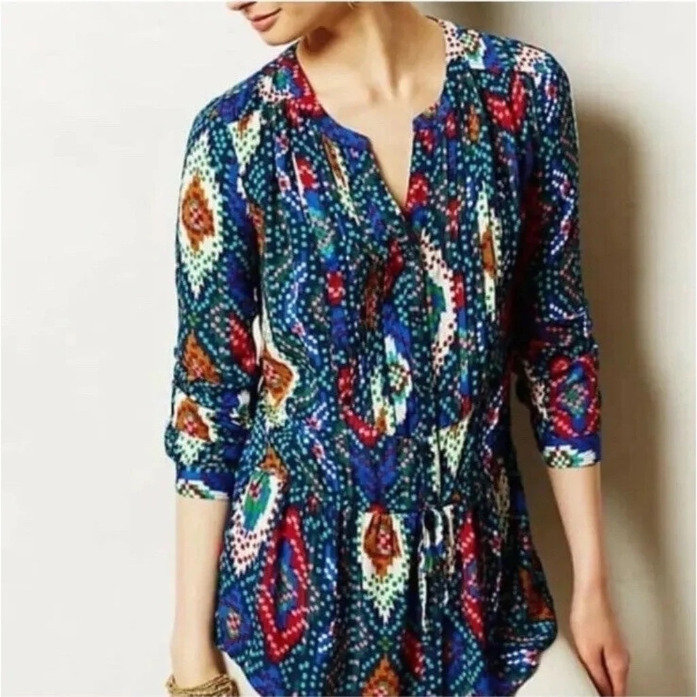 Anthropologie top womens 6 Blue floral maeve Ikat Dropwaist topoxte Beachy